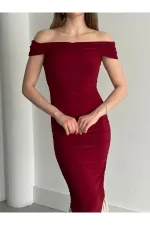 Bordo Kayık Yaka Fırfırlı Elbise - 4798