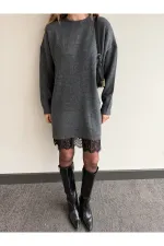 Robe courte en maille anthracite et dentelle - 251008