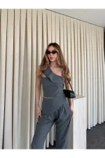 Gri Tek Omuz Tasarım Yaka Bluz Pantolon Takım - 8003