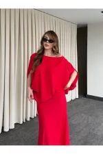 Kırmızı Omuz Drapeli Saten Bluz Etek Takım - 8005
