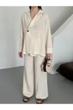 Natural 100% Cotton Double-Breasted Single-Button Kimono Pants Set - 8351 Natural 100% Cotton Double-Breasted Single-Button Kimono Pants Set - 8351