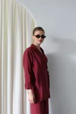Burgundy Kimono Set with Collar Detail and Tie-Up - 8459 Burgundy Kimono Set with Collar Detail and Tie-Up - 8459