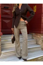 Kahverengi Mini Kazayağı Desenli İspanyol Paça Pantolon - 4127