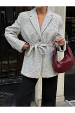 Veste Blazer en Cachemire Ceinturée Bouclé Gris - 7368