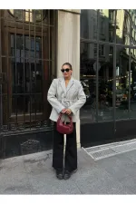 Veste Blazer en Cachemire Ceinturée Bouclé Gris - 7368