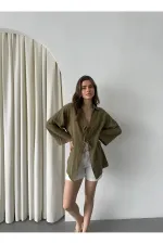 Olive %100 Keten Bağcık Detaylı Kimono Bluz - 5218