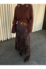 Kahverengi Piliseli Beli Lastikli Kemerli Etek - 3375