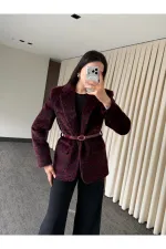 Bordo Leopar Kemerli Ceket - 9614