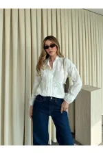 Ekru Kolu Lastikli Nakışlı Gömlek - 4231