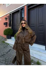 Kahverengi Bomber Saten Ceket Pantolon Takım - 9663 - 51229