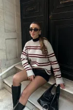 Pull oversize en maille rayée bordeaux - 2516