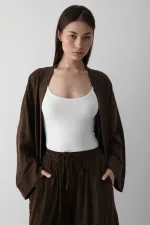 Kahverengi %100 Pamuk Cep Detaylı Kuşaklı Kimono Takım - 8491