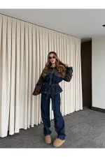 Lacivert - Kahve Bağlamalı Ceket Pantolon Denim Takım - 0836