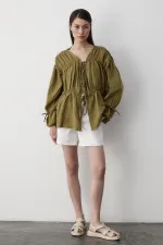 Khaki 100% Cotton Muslin Shirt with Elasticated Sleeves