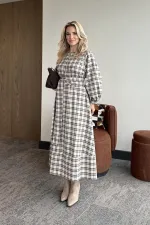 Stone Plaid Belted Long Dress - 1235 Stone Plaid Belted Long Dress - 1235