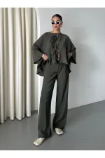 Ensemble chemisier et pantalon kaki avec détails de surpiqûres au col - 9002