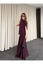 Mürdüm Omuz Drapeli Saten Bluz Etek Takım - 8005