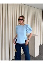 Mavi Kolu İnci Fiyonk Detaylı Bluz - 5001