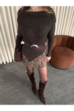 Kahverengi Kayık Yaka Asimetrik Kazak - 251193