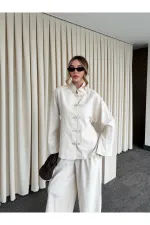 Natural Nakış Düğmeli Kimono Takım - 60624