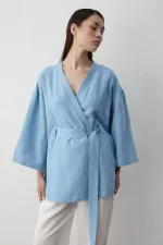 Mavi Yarım Kol İçten Kemerli Kimono - 5383