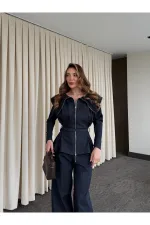 Costume en jean bleu marine de créateur - 8002