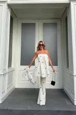 Beyaz Siyah Puantiyeli Straplez Bluz Pantolon Takım