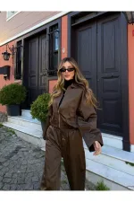 Kahverengi Bomber Saten Ceket Pantolon Takım - 9663 - 51229