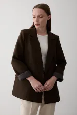 Brown Striped Lined Blazer Jacket with Fold-Up Sleeves - 7560 Brown Striped Lined Blazer Jacket with Fold-Up Sleeves - 7560