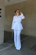 Beyaz Bel Detaylı Vual Keten Gömlek