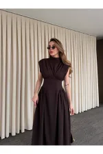 Kahverengi Vatkalı Elbise - 25193