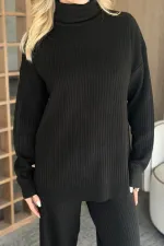 Ensemble pull à col roulé noir en maille côtelée - 4671