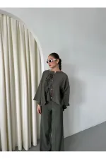 Ensemble chemisier et pantalon kaki avec détails de surpiqûres au col - 9002