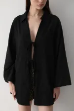 Black 100% Cotton Linen Kimono Blouse with Lace Detail