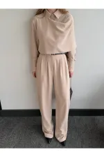 Bej Kemerli Şal Yaka Gömlek Pantolon Takım - 8004