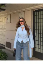 Mavi Vatkalı Fularlı Ceket - 85175