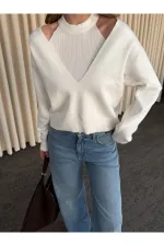 Ekru İkili V Yaka Kazak - 251206