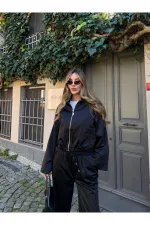 Siyah Bomber Saten Ceket Pantolon Takım - 9663 - 51229