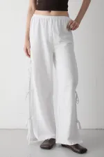 White 100% Cotton Trousers with Side Slit and Tie Detail