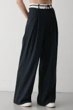 Pantalon de créateur bleu marine avec ceinture à cordon - 3576