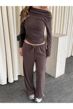 Kahverengi Kayık Yaka Modal İkili Takım - 7323