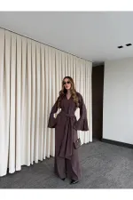 Brown Blouse and Pants Set with Ruffled Sleeves - 0812 Brown Blouse and Pants Set with Ruffled Sleeves - 0812