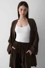 Kahverengi %100 Pamuk Cep Detaylı Kuşaklı Kimono Takım - 8491