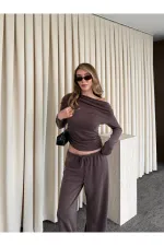 Kahverengi Kayık Yaka Modal İkili Takım - 7323