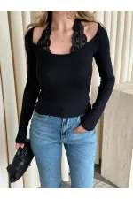 Black Blouse with Lace Neckline - 261017