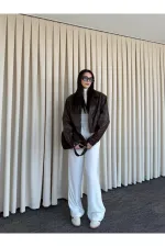 Kahverengi Fermuarlı Deri Ceket - 2617