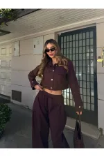 Mürdüm Kot Crop Ceket Pantolon Takım - 51244