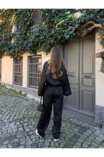 Siyah Bomber Saten Ceket Pantolon Takım - 9663 - 51229