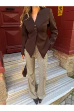 Kahverengi Mini Kazayağı Desenli İspanyol Paça Pantolon - 4127