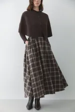 Brown Plaid Skirt with Leather Trim - 4977